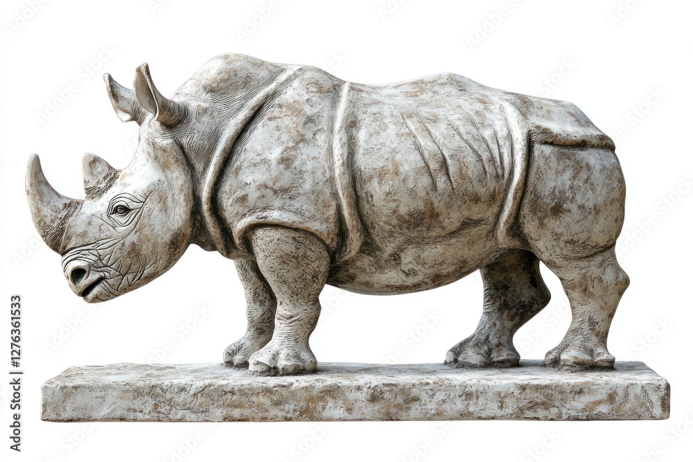 Naklejka premium Rhino sculpture on white base, animal art, isolated for design, object, display, museum