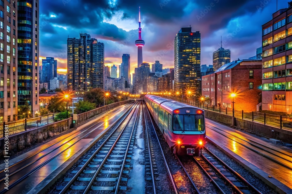 Toronto Night Train - Cityscape Lights and Railway Tracks Toronto Night Train - Cityscape Lights and Railway Tracks