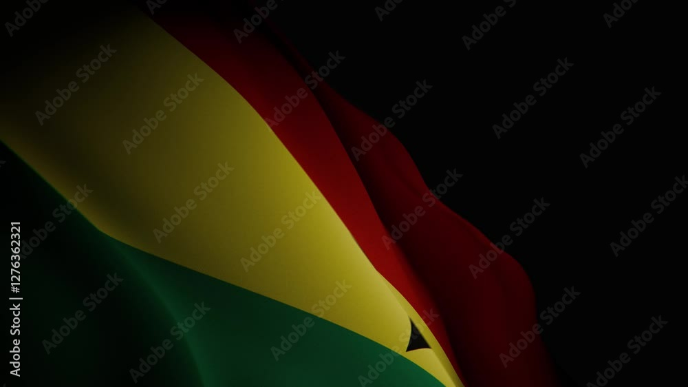 A closeup, spotlight-lit realistic 3D animation of the Ghanaian flag waving, showcasing its vibrant colors and smooth, flowing motion. A closeup, spotlight-lit realistic 3D animation of the Ghanaian flag waving, showcasing its vibrant colors and smooth, flowing motion.