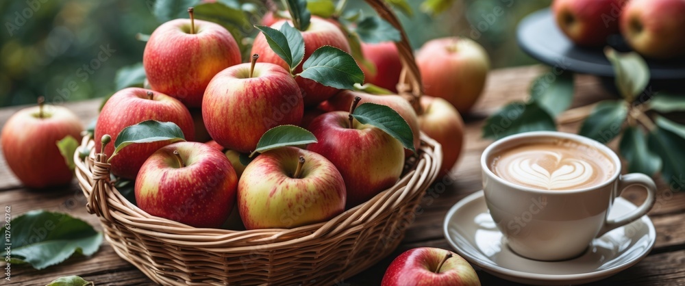Basket of red apples with green leaves alongside a cup of latte on wooden table background with blurred natural scenery Basket of red apples with green leaves alongside a cup of latte on wooden table background with blurred natural scenery