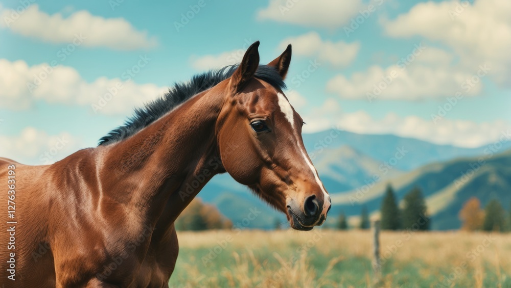 Obraz premium Brown horse standing in a green field with mountains and blue sky in the background under natural sunlight