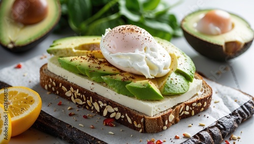 Avocado toast with poached egg on whole grain bread surrounded by fresh ingredients and garnished with spices and lemon slices photo