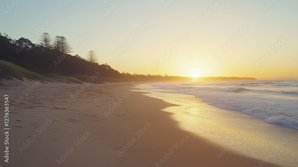 Obraz premium Serene Beach Sunset Over Gentle Waves and Coastline Landscape