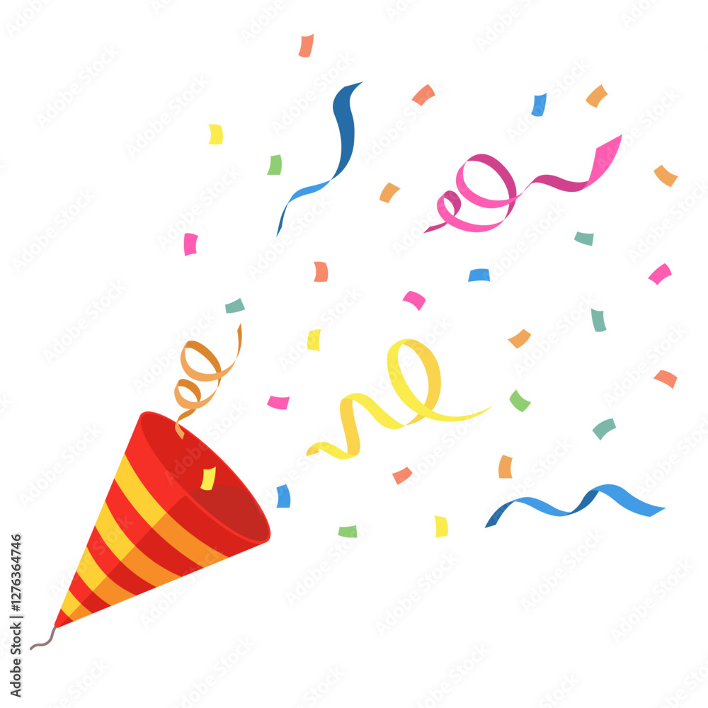 Fototapeta premium Red party popper and explosion colorful confetti with ribbon isolated white background. Vector illustration for birthday, party, festival fair, celebration, and congratulation.