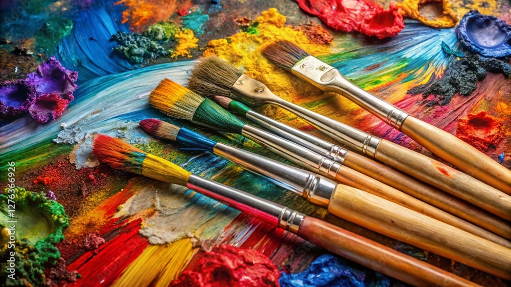 Obraz premium Vibrant Acrylic Paint Palette with Brushes - Close-up Panoramic Stock Photo