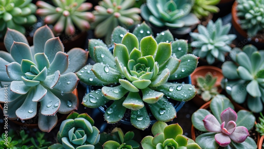 Variety of succulents with water droplets on leaves arranged in small pots, displaying diverse shapes and colors, indoor plant selection. Variety of succulents with water droplets on leaves arranged in small pots, displaying diverse shapes and colors, indoor plant selection.