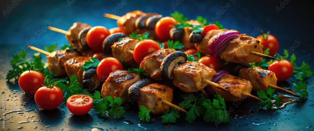 Grilled chicken skewers with cherry tomatoes and vegetables on a dark background garnished with fresh herbs Grilled chicken skewers with cherry tomatoes and vegetables on a dark background garnished with fresh herbs
