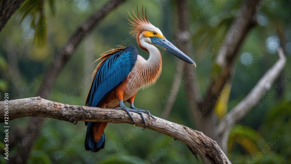 Fototapeta premium Colorful heron perched on a tree branch in a lush green environment with blurred background and detailed plumage texture.