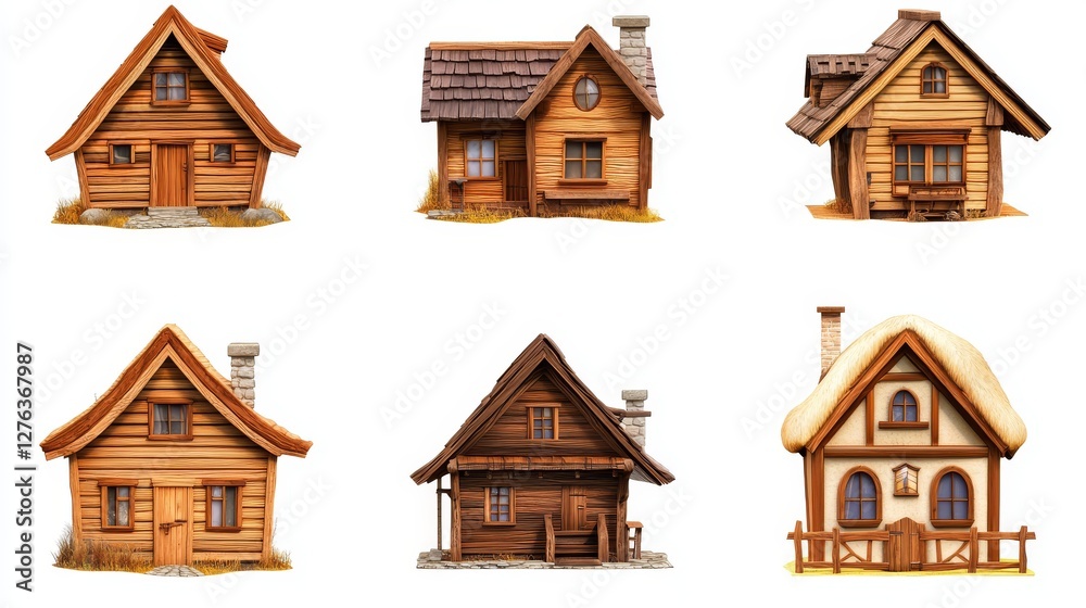 A set of icons. Wooden houses. Housing in the game town. Isolated on a white background A set of icons. Wooden houses. Housing in the game town. Isolated on a white background