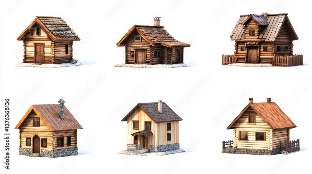 A set of icons. Wooden houses. Housing in the game town. Isolated on a white background A set of icons. Wooden houses. Housing in the game town. Isolated on a white background