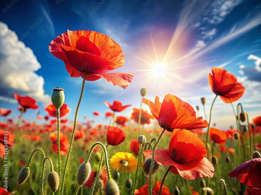 Obraz premium Vibrant Field of Poppies, Summer Flowers, Red Coquelicot Blooms, Copy Space, Nature Photography
