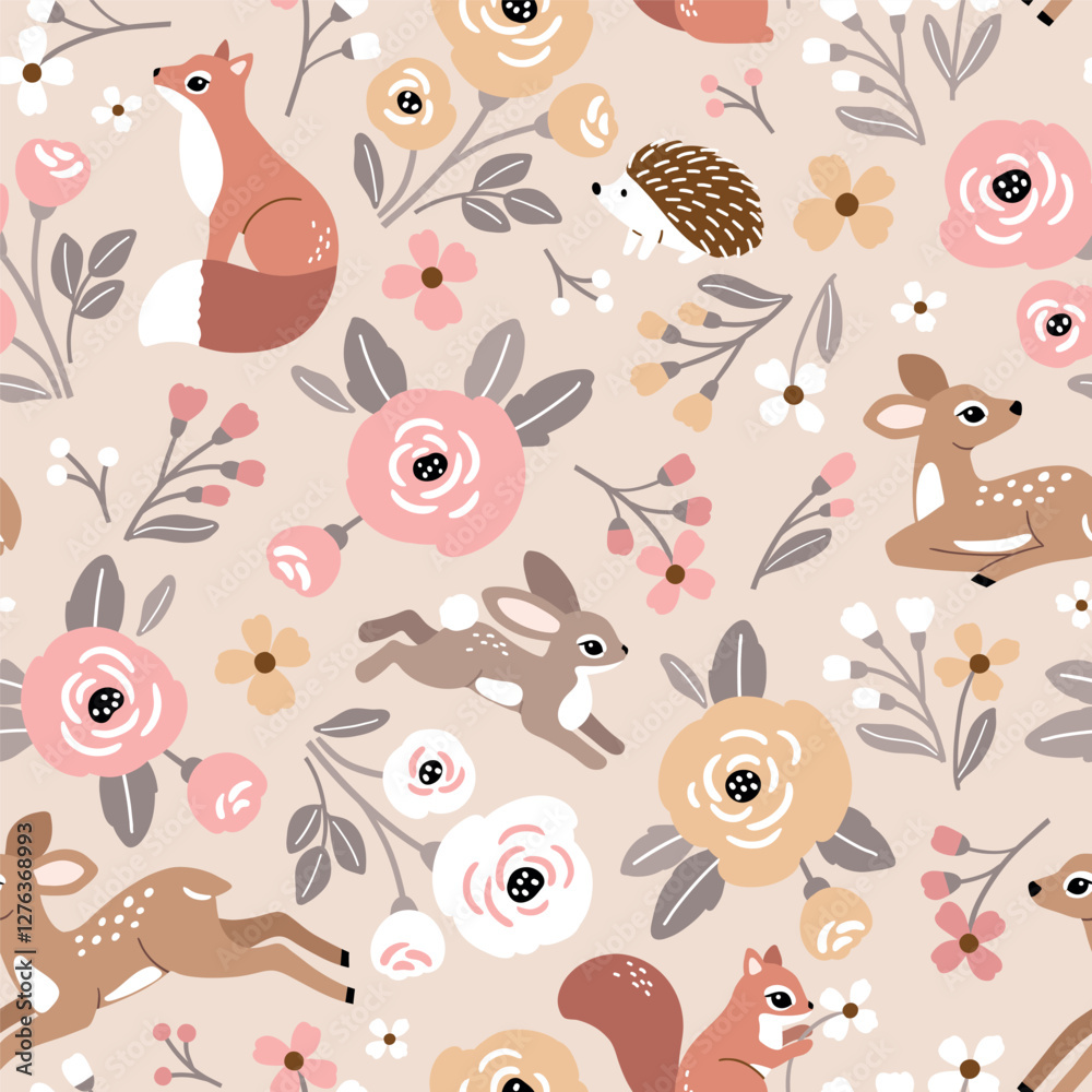 Fototapeta premium Seamless vector pattern with cute fawn, rabbit, fox and hedgehog on floral background. Hand drawn woodland illustration. Perfect for textile, wallpaper or print design. EPS10 vector file.