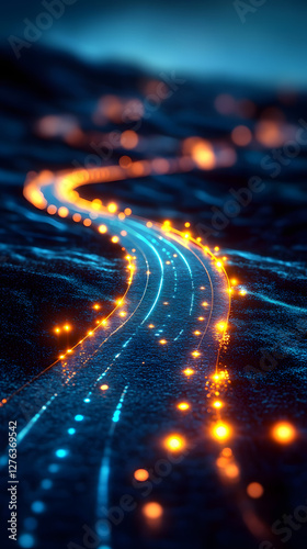 Entrepreneurial journey, glowing roadmap and progress symbols, 3D illustration