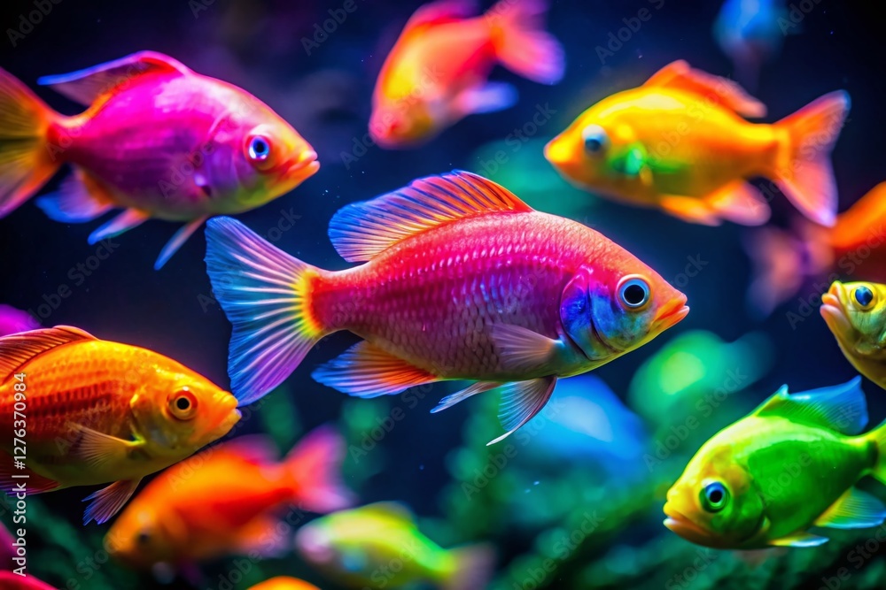 Vibrant Neon Fish in Low-Light Freshwater Aquarium - Stock Photo Vibrant Neon Fish in Low-Light Freshwater Aquarium - Stock Photo