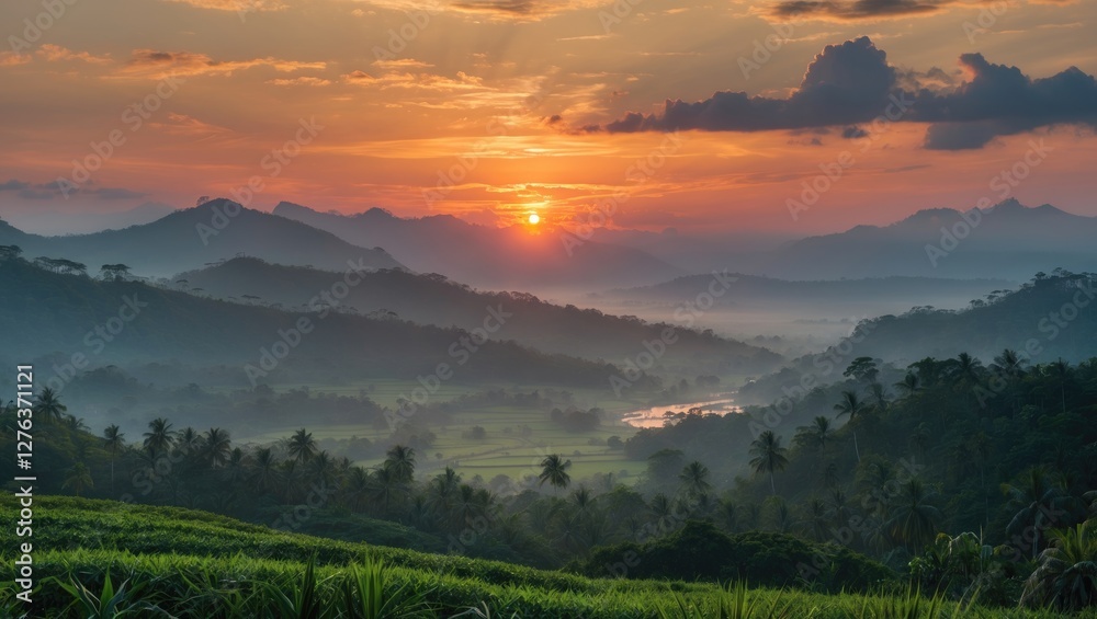 Obraz premium Sunset over mountainous landscape with lush greenery and misty valleys in the foreground. Orange and purple hues fill the sky.