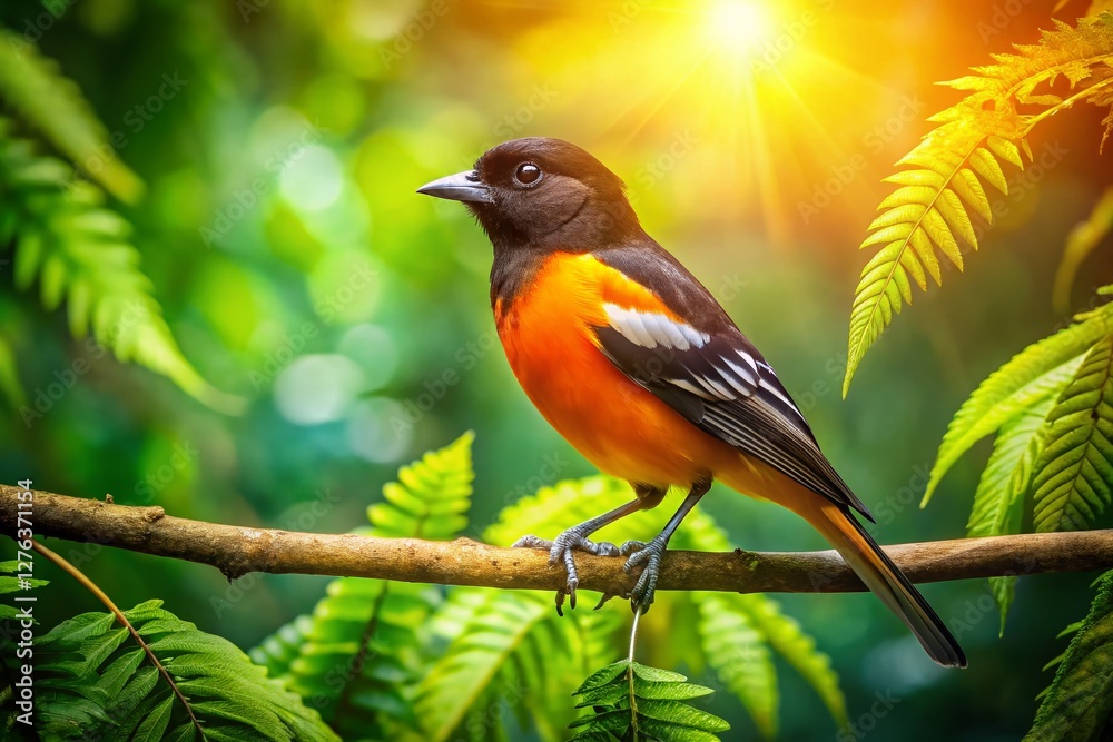 Vibrant Orange & Black Bird on Branch, Lush Green Forest Aerial View - Nature Wildlife Stock Photo Vibrant Orange & Black Bird on Branch, Lush Green Forest Aerial View - Nature Wildlife Stock Photo