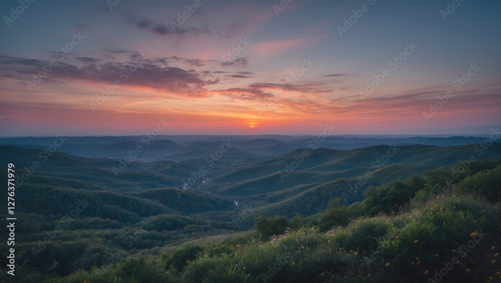 Sunset over rolling hills with dense forests under a colorful sky in a tranquil landscape setting. Sunset over rolling hills with dense forests under a colorful sky in a tranquil landscape setting.