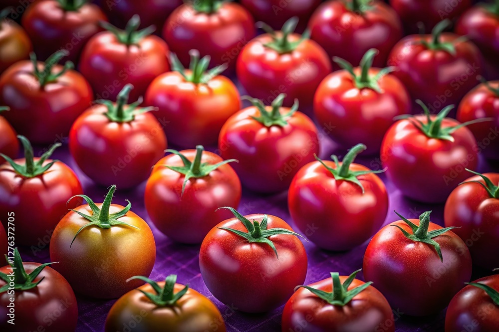 Vibrant Red Tomatoes Flat Lay on Purple Background - Bokeh Effect Stock Photo Vibrant Red Tomatoes Flat Lay on Purple Background - Bokeh Effect Stock Photo