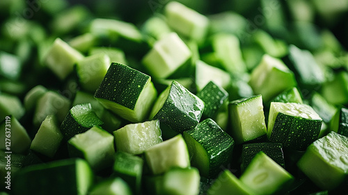 Freshly chopped zucchini cubes bright green and even