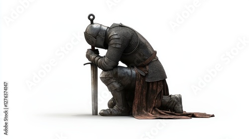 Medieval knight kneeling on one knee holding sword in reflective pose on white background photo