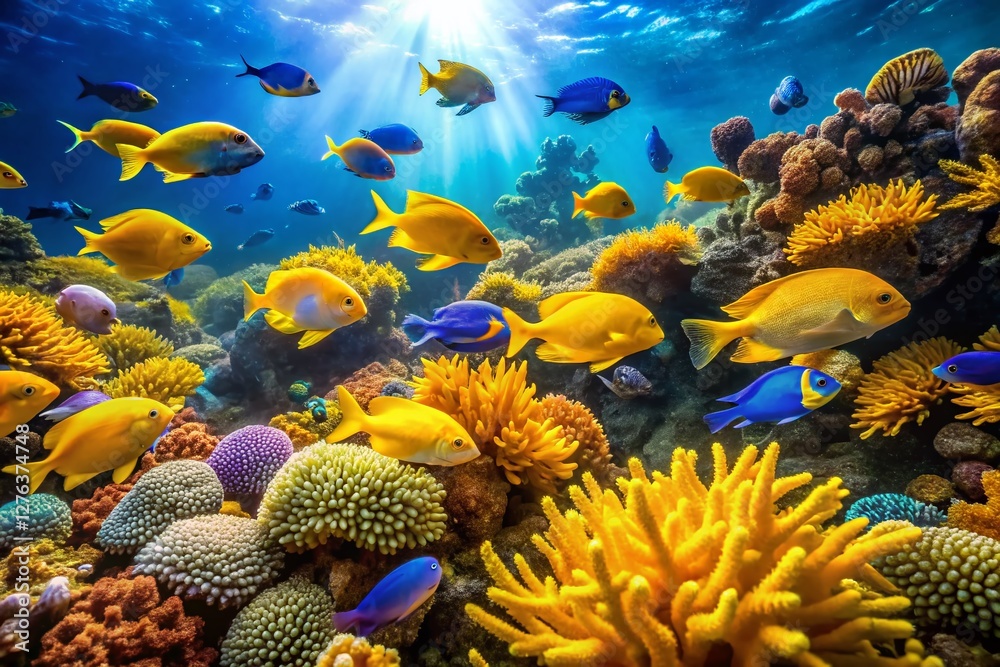 Naklejka premium Vibrant Yellow & Blue Fish Swimming in Coral Reef Paradise - Underwater Exploration Stock Photo