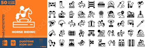 Horse Riding Duotone Editable Icons set. Vector illustration in modern thin duotone style of horse riding icons: race, horse, horseshoe, etc