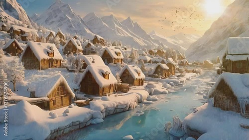 view of the atmosphere of a traditional village in the middle of snow with a panoramic backdrop of the beauty of the icy mountains