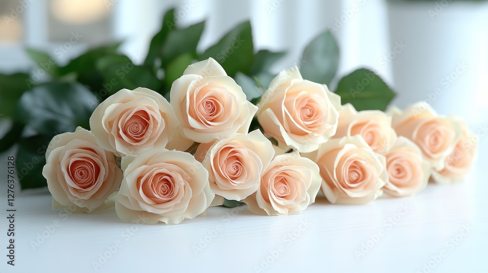 Obraz premium Peach roses bouquet, bright interior, gift