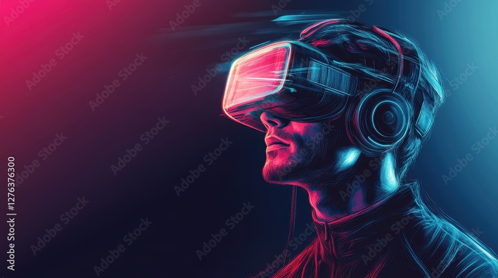 Futuristic young man experiencing virtual reality with vr headset and headphones Futuristic young man experiencing virtual reality with vr headset and headphones