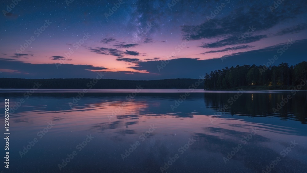 Tranquil lake at dusk under a starry sky with colorful reflections and silhouetted trees along the shoreline Tranquil lake at dusk under a starry sky with colorful reflections and silhouetted trees along the shoreline