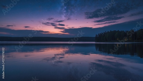 Tranquil lake at dusk under a starry sky with colorful reflections and silhouetted trees along the shoreline