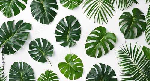 Tropical green leaves arrangement on white background flat lay style with various shapes and textures of foliage