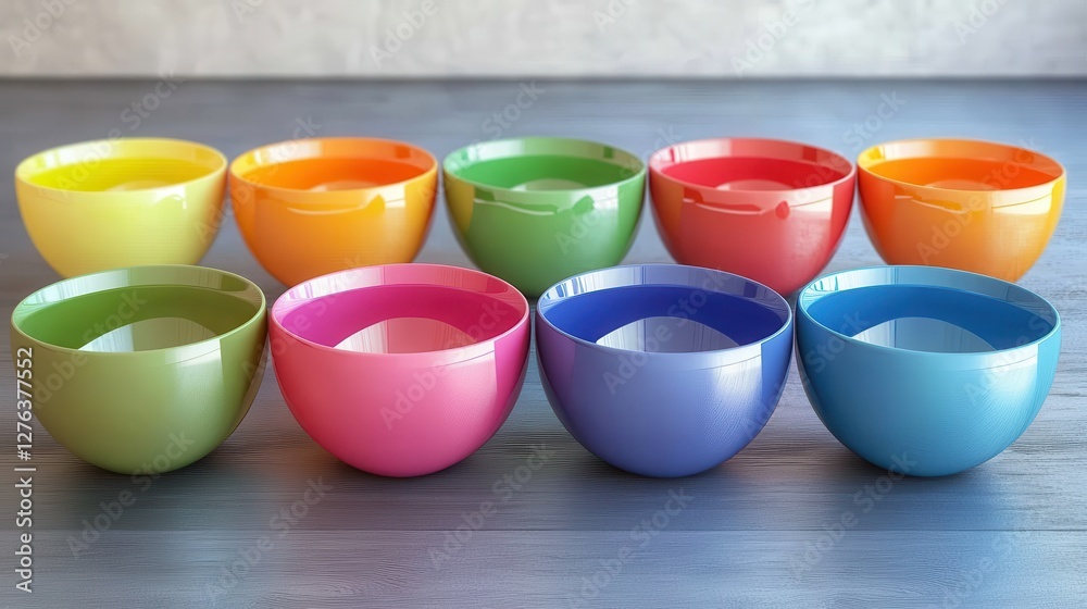 Colorful row of eight plastic bowls in rainbow shades on wooden surface Colorful row of eight plastic bowls in rainbow shades on wooden surface