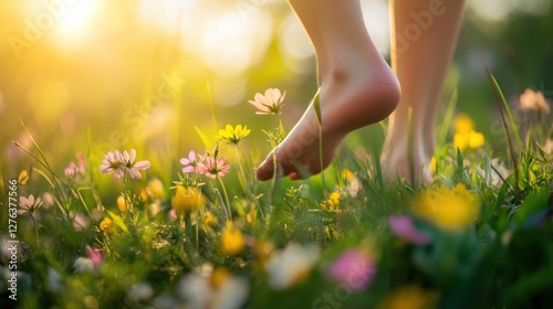 Bare feet gently touch the soft grass and vibrant wildflowers in a scenic, sunlit field