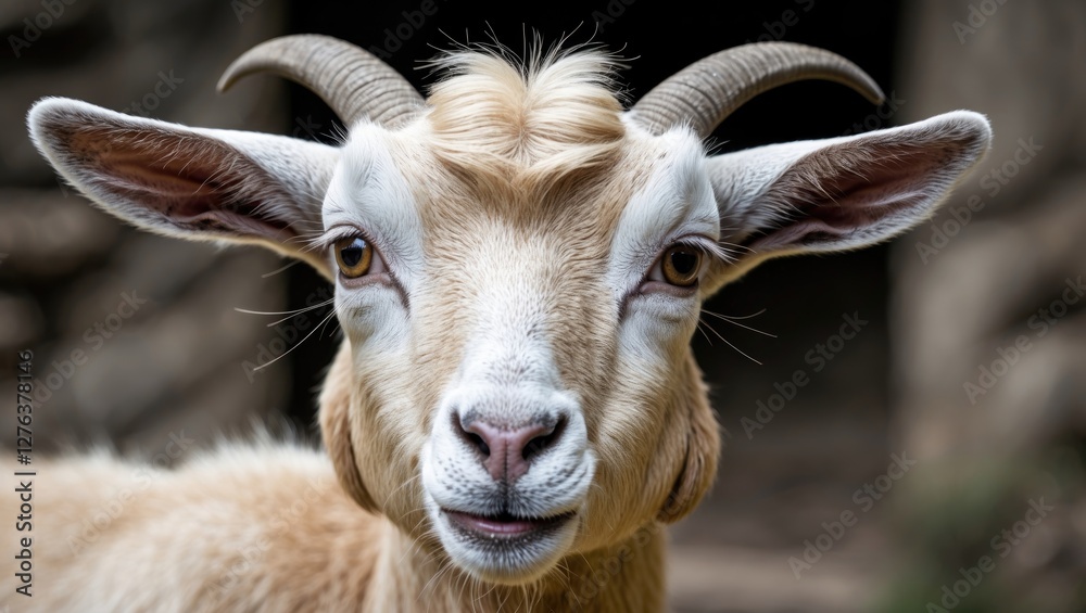 Fototapeta premium Portrait of a domestic goat with light cream fur and prominent horns against a blurred natural background