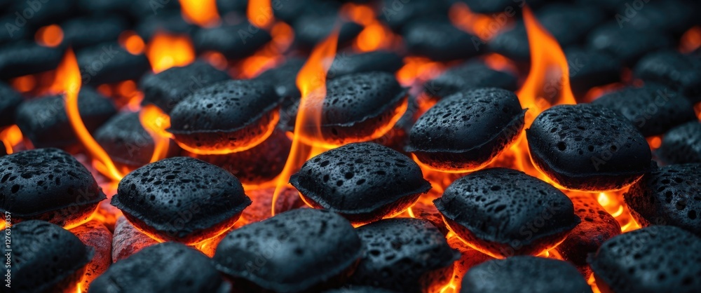 Charcoal briquettes burning with orange flames creating a hot cooking surface in a barbecue grill environment Charcoal briquettes burning with orange flames creating a hot cooking surface in a barbecue grill environment