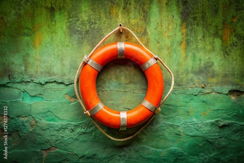 Vintage Life Preserver: Orange Life Belt on Green Wall - Retro Nautical Stock Photo
