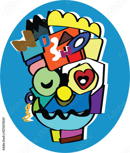  Abstract funny face. A vibrant cubist face illustration featuring geometric shapes and bold colors. abstract weird face. Fantasy dream fairy tale abstract vector illustration ,multicolored background