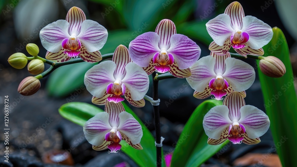 Phalaenopsis orchids with pink and white petals in natural habitat with green foliage background