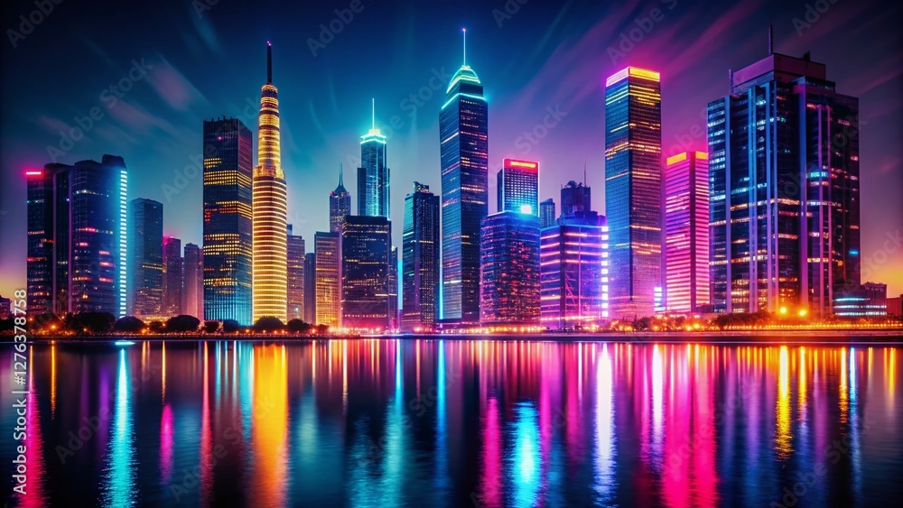 Fototapeta premium Vintage Neon Cityscape Reflection: Pink, Yellow, Blue Glowing Buildings at Night