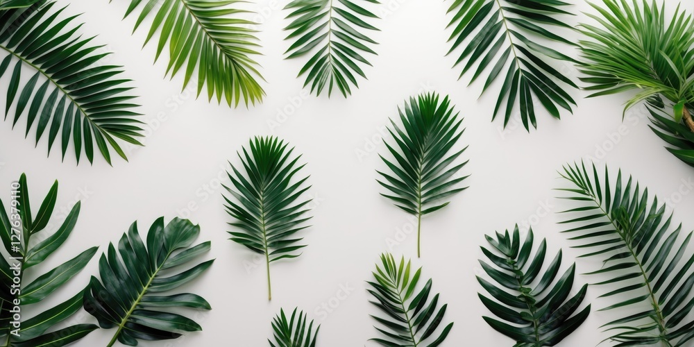 Green tropical palm leaves arranged on a light background for botanical and natural themes in photography. Green tropical palm leaves arranged on a light background for botanical and natural themes in photography.