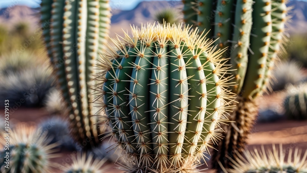 Close-up view of spiky spherical cactus with multiple tall cactus plants in arid desert landscape under clear blue sky Close-up view of spiky spherical cactus with multiple tall cactus plants in arid desert landscape under clear blue sky