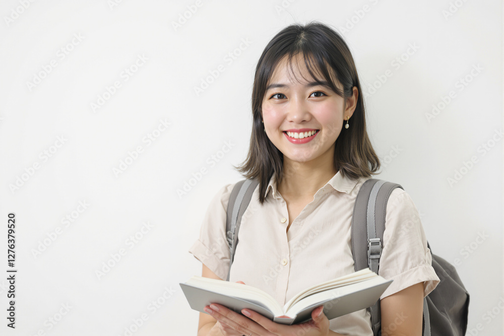 Confident Japanese Female Student Smiling with Open Book Confident Japanese Female Student Smiling with Open Book
