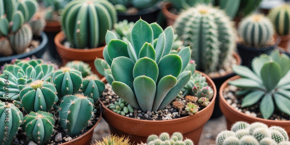 Fototapeta premium Variety of cacti and succulents in clay pots arranged in a greenhouse setting with natural light and textured soil