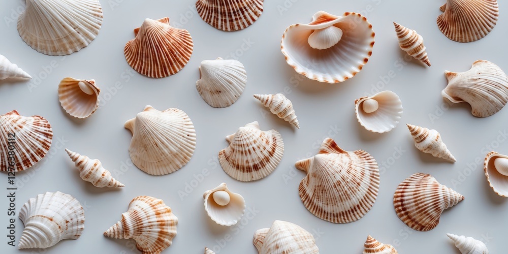 various seashells arranged on a light surface displaying different shapes and colors of marine shells various seashells arranged on a light surface displaying different shapes and colors of marine shells
