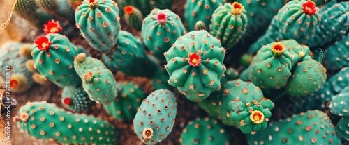 Colorful cacti with flowers in a desert landscape captured from above showcasing various shapes and textures of the plants photo