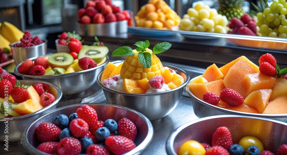 Assorted fresh fruits in bowls including mango, raspberries, blueberries, and kiwi arranged on a display table in a bright setting. Assorted fresh fruits in bowls including mango, raspberries, blueberries, and kiwi arranged on a display table in a bright setting.
