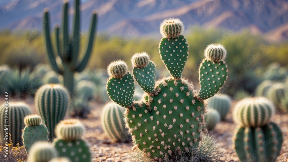 Cacti garden with various species including prickly pear in a desert landscape under soft sunlight with mountains in the background Cacti garden with various species including prickly pear in a desert landscape under soft sunlight with mountains in the background