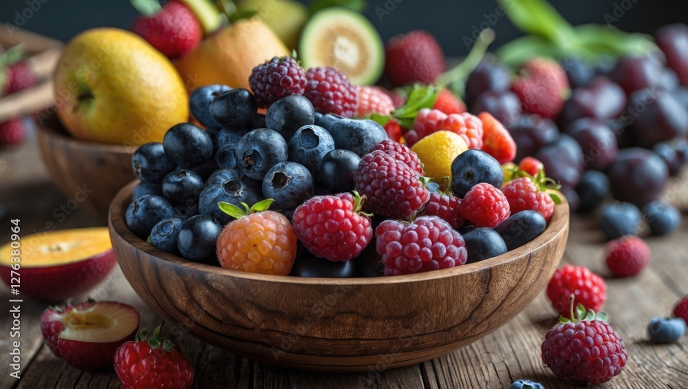 Fresh assorted berries and fruits in wooden bowl with raspberries, blueberries, and tropical fruits on rustic wooden table