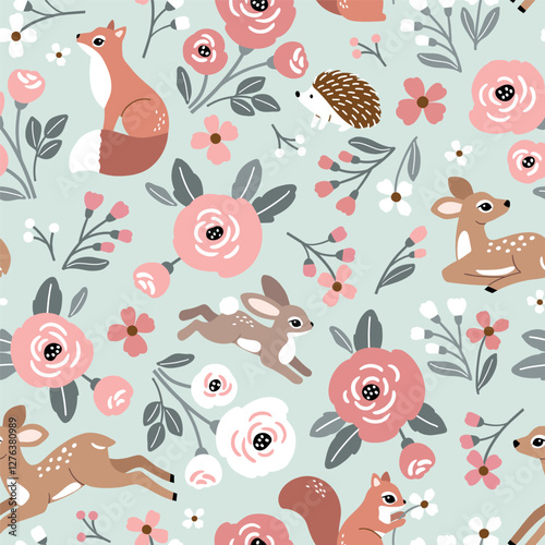 Seamless vector pattern with cute fawn, rabbit, fox and hedgehog on floral background. Hand drawn woodland illustration. Perfect for textile, wallpaper or print design. EPS10 vector file.
